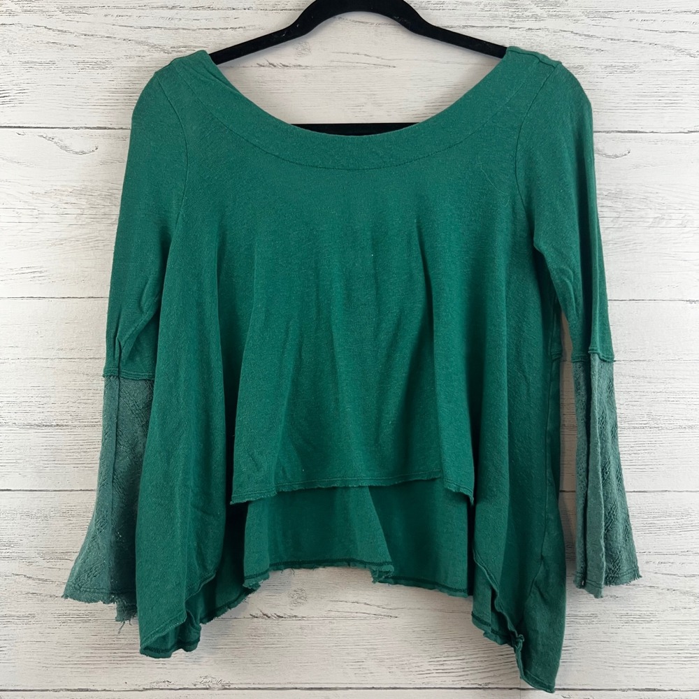 Free People FP Beach Green Linen Blend Bell Sleeve Top XS